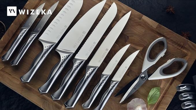 Knife Set with Block 15Pcs, High Carbon Stainless Steel, Razor-Sharp | One Piece Forged Ergonomical Silver handle, Premium German Steel, Ideal Gift with Elegent Box for Kitchen Chef, Jaguar Series