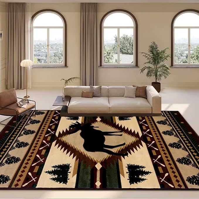 Rustic Lodge Moose Deer Rug for Dining Room Luxury American Wildlife Style Large Carpet Non-Slip Vintage Pine Tree Floor Mats 4'x6'