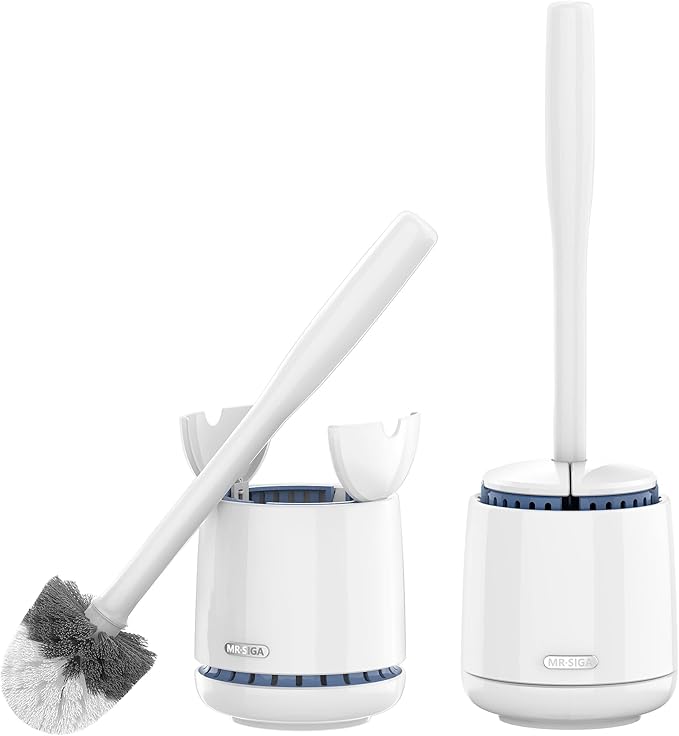 MR.SIGA Toilet Bowl Brush and Holder, Premium Quality, with Solid Handle and Durable Bristles for Bathroom Cleaning, White, 2 Pack