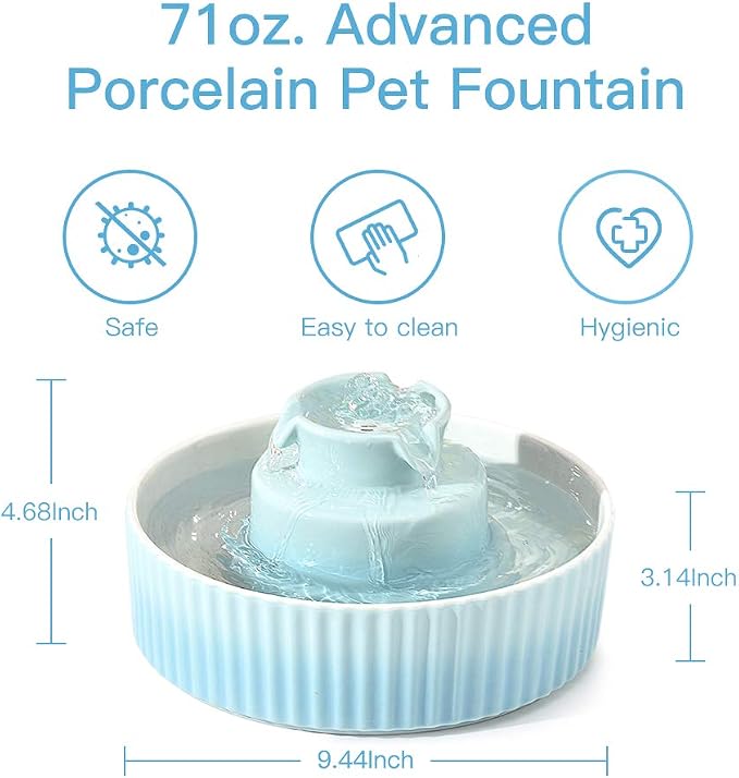 360 Ceramic Pet Fountain, Advanced Porcelain Cat Water Fountain, 70 oz.Drinking Fountains Bowl for Cat and Dogs with Replacement Filters and Foam (Green Blue)