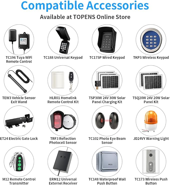 TOPENS A3S Automatic Solar Gate Opener for Light Duty Single Swing Gates Up to 12ft, Single Swing Gate Operator Battery Powered with Remote Control Kit Gate Motor Solar Panel Included
