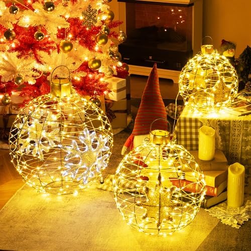 Tangkula 3 Pack Christmas LED Lighted Balls, Metal Sphere Globe Lights
