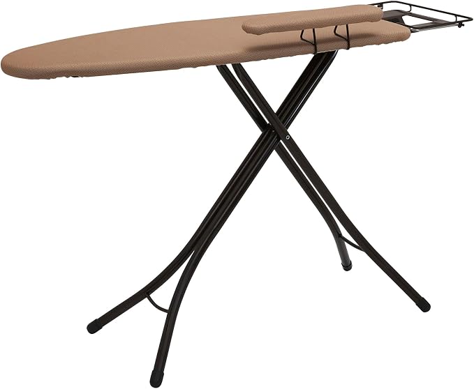 Household Essentials Mega Ironing Board, 4-Leg, Steel Top Pressing Station, Heat-Resistant Fiber Pad and Polyester Cover, Includes Sleeve Board and Iron Rest with Hanger Bar, Bronze Frame