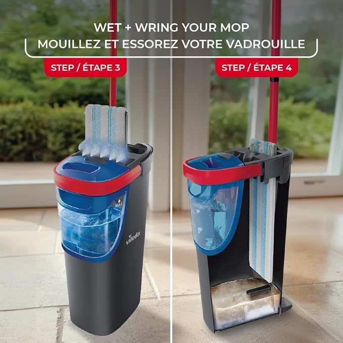 Vileda H2prO Flat Mop & Bucket Set | Cleans floors, walls & baseboards | Keeps clean & dirty water separate | Compact | Washable microfiber mop head