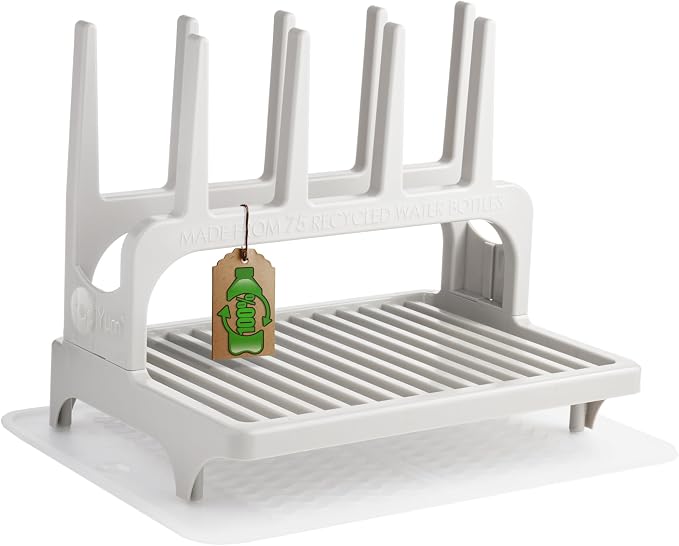 PopYum Gray Space Saving Drying Rack with Silicone Mat | Made from 100% Recycled Bottles, Clear Frosted Silicone Drying Mat, For Baby Bottle, Plastic Bags, Cups, Glass, Tumblers