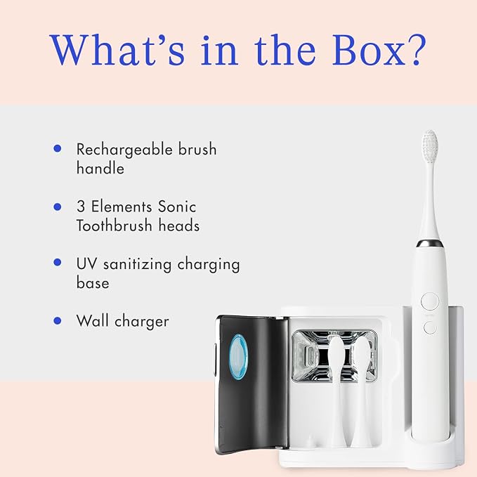 Vanity Planet Elements Ultrasonic Electric Toothbrush - Gold - Advanced Oral Care with UV Sanitizing Charger Base with 3 Replacement Heads - 99.9% Effective Keeping Your Teeth Clean | Advanced Oral Care with UV Sanitizing Charger Base with 3 Replacemen...
