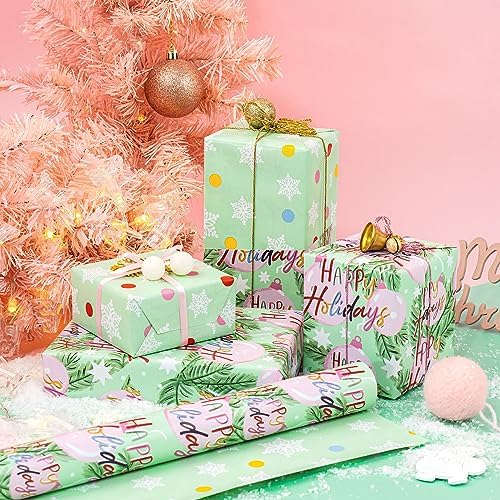 WRAPAHOLIC 30 Inch Reversible Christmas Wrapping Paper - 30 Inch x 33 Feet - Happy Holiday Lettering with Christmas Ball Design for Holiday, Party Celebration