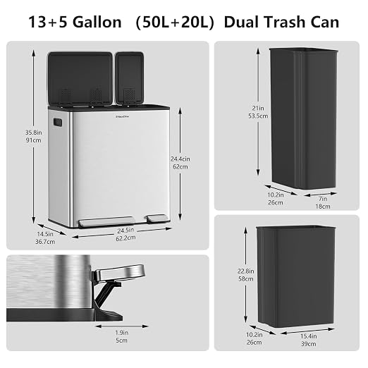 Dual Trash and Recycling Bins for Kitchen, 13+5.3 Gallon Stainless Steel Garbage and Recycle Bin Combo for Large Families, Soft Close Lid, Removable Liner Buckets, Silver