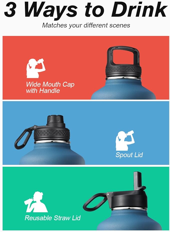 Coolflask Water Bottle 87 oz with Straw, 2/3 Gallon Insulated Stainless Steel Large 3 Lids Big Water Jug for Sports or Office, Non-BPA Keep Cold Up to 48 Hrs or Hot Up to 24 Hrs, Samurai Cyan