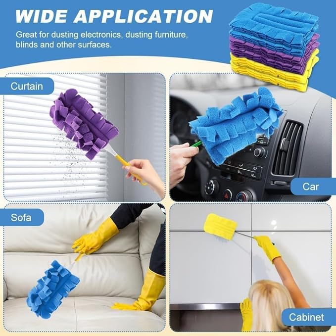 Reusable Chenille Microfiber Dust Duster, Reusable Duster with Removable Washable Cloth Covers, 360°Washable Duster Pads, Electrostatic Fleece Dusting Pads for Efficient Home Cleaning (3 Hdl + 15 Ref)