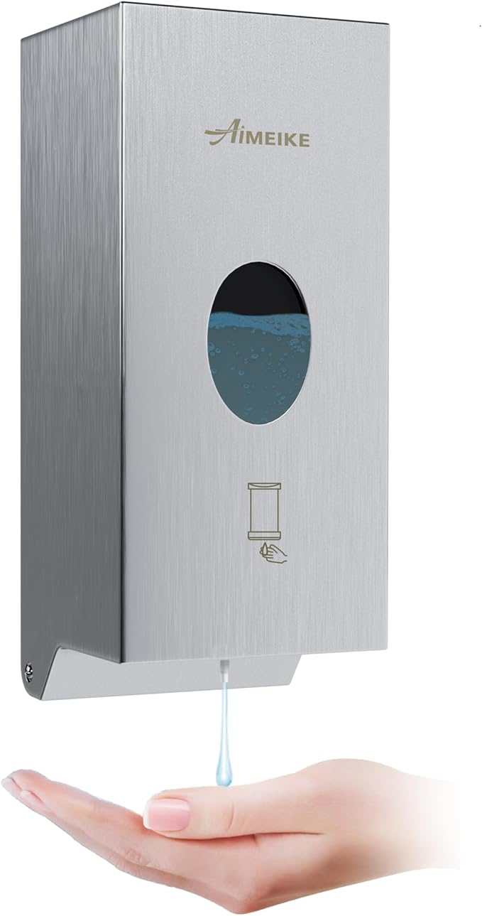 Commercial Automatic Wall-Mount Soap Dispenser, Stainless Steel | Touchless 800 mL dispenser with stainless steel exterior, oval window and keyed lock; requires 6 AA batteries, not included.