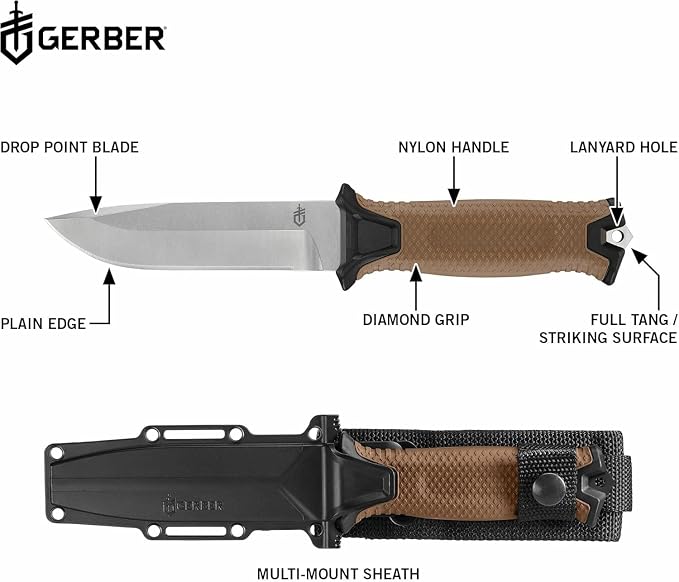 Gerber Gear StrongArm Magnacut - Fixed Blade Survival Tactical Knife for Camping, Outdoor, Hunting - Ergonomic Utility Tool with Sheath - Made in USA - Coyote Brown, Plain Edge