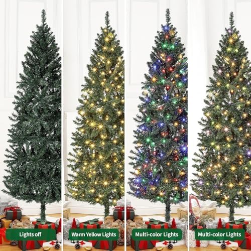 12 FT Pre-Lit Christmas Tree, Artificial Pencil Holiday Decoration with 700 LED Light & 2053 Tips, Metal Foldable Stand for Indoor Use, Green