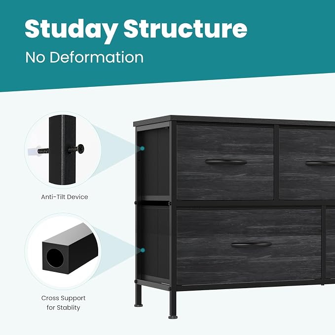 OLIXIS 5 Drawer Dresser for Bedroom, Storage Organizer Unit for Closet | Chest of Drawers for Clothes Storage with Bins, Wide Fabric Bedroom Dresser, Wooden Top, Living Room, Black Wood