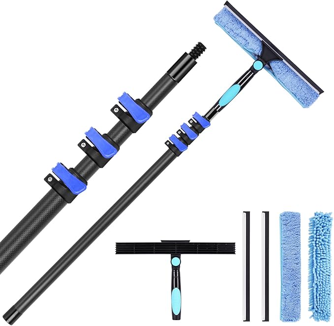 DOBEN 12-Foot Carbon Fiber Window Cleaner Tool with Telescopic Extension Pole, Rotating Scrubber & Squeegee - Sturdy Lightweight Design for Indoor/Outdoor Glass Cleaning