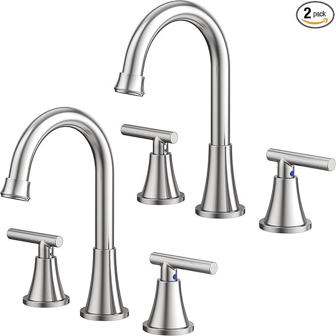 Bathroom Faucets for Sink 3 Hole, Hurran Brushed Nickel Bathroom Sink Faucet with Pop-up Drain and Supply Lines, Stainless Steel Lead-Free Widespread Faucet for Vanity RV, 2 Pack