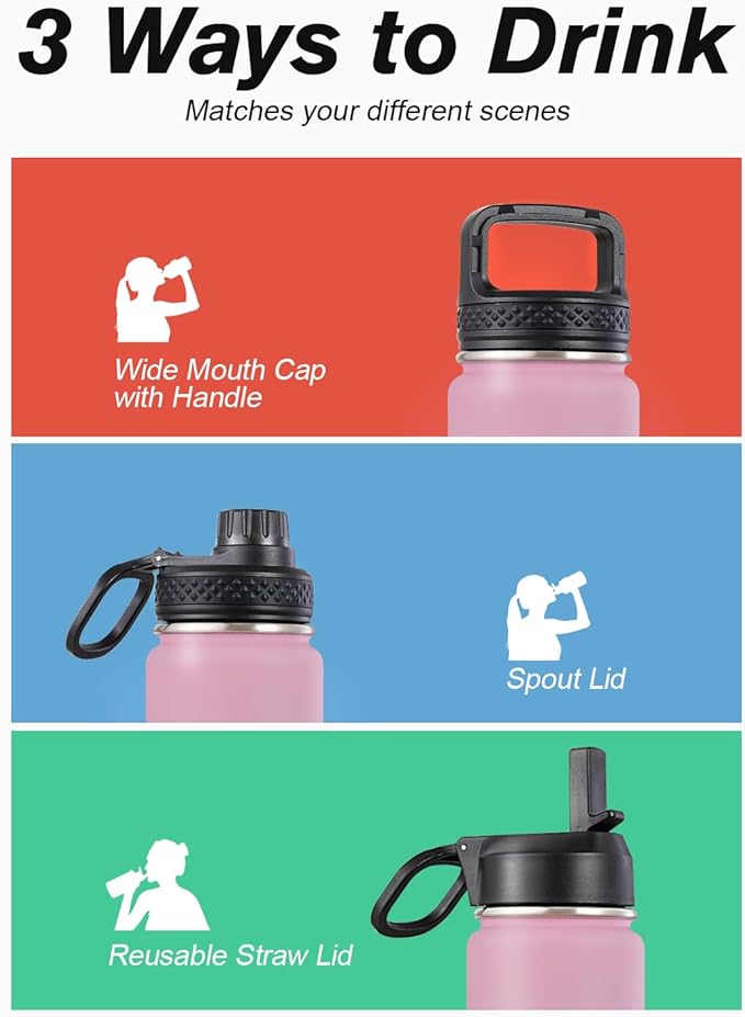 Coolflask Water Bottle 20 oz Insulated with Straw, Stainless Steel Metal 3 Lids Water Flask Wide Mouth for Sports or Office, Non-BPA Keep Cold Up to 48 Hrs or Hot Up to 24 Hrs, Bubblegum Princess