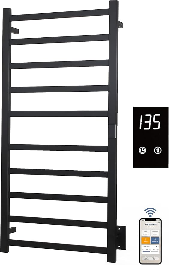 Topdattion Smart Wireless Electric Towel Warmer | Blade Thin 10 Bar Design | Hardwired & Plug-in | Alexa & Google Home Compatible | Matte Black Finish