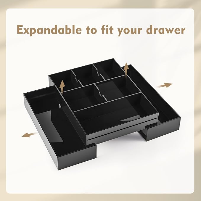 Briwooody 1 Pcs Acrylic Vanity Organizer 9'' up to 18'' x 12'' x 2.1'' Expandable Makeup Organizer Trays with 8 Adjustable Compartments Black Desk Accessories for Beauty, Kitchen, Office, Bathroom