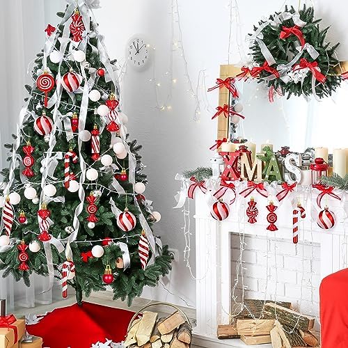 96 Pcs Christmas Tree Ornaments Red and White Candy Ball Ornament