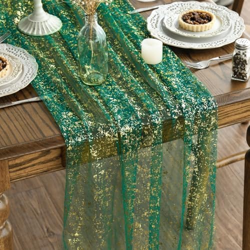 Artoid Mode 2-Pack Green Gold Gauze Table Runner 10FT, Glitter Metallic Foil Sheer Dining Wedding Anniversary Holiday Table Decor for Home Party