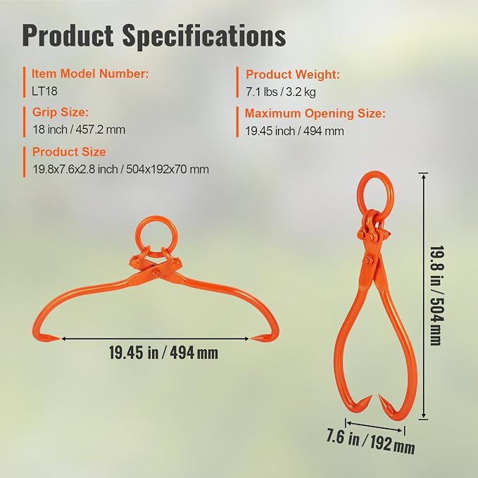 VEVOR Log Skidding Tongs, 18 inch 2 Claw Log Lifting Tongs, Heavy Duty Steel Lumber Skidding Tongs, 772 lbs/350 kg Loading Capacity, Log Lifting, Handling, Dragging & Carrying Tool