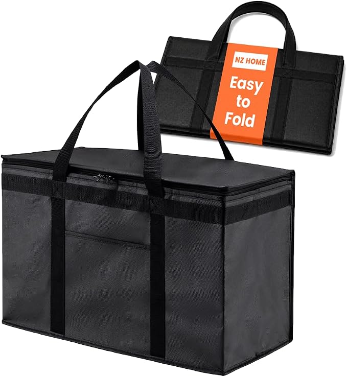 Insulated Food Bag, Portable Cooler Tote (2XL, Black, 1 Pack) | Large thermal bag, For cold & hot food, Soft sided cooler, Heavy duty carrier, Grocery shopping, Food delivery, Catering bag