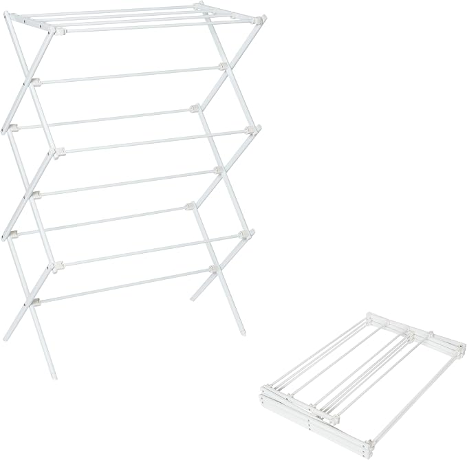 Honey-Can-Do 6-Tier Collapsible Clothes Drying Rack, 30", No Assembly, Grey | Accordion frame opens to 6 tiers with 24 ft of drying space, then folds flat to 3 in. Rust-resistant coated steel.