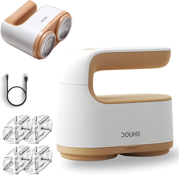 Rechargeable Portable Lint Remover & Fabric Shaver with 4 Replaceable Blades, Dual-Head Powerful Trim & Suction 3-Setting Control Large Capacity Container Extra Large Shaving Head Defuzzer for Clothes