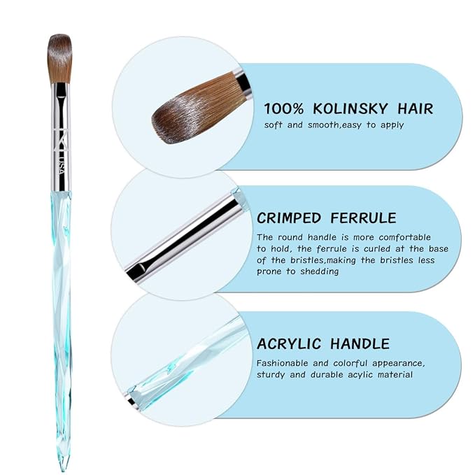 M ProK 100% Kolinsky Acrylic Nail Brush – Professional Nail Brush for Acrylic Application with Crystal Blue Handle – Handcrafted Salon Quality Tool (Size #14)