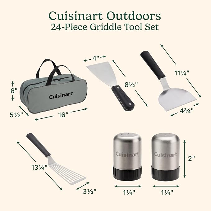 Cuisinart 24-Piece Griddle Tool Set with Storage Tote, Stainless Steel Flat Top Grill Accessories with Spatulas, Melting Dome, Smash Burger Press, Scraper & Tongs, Perfect for BBQ, Tailgates, Camping