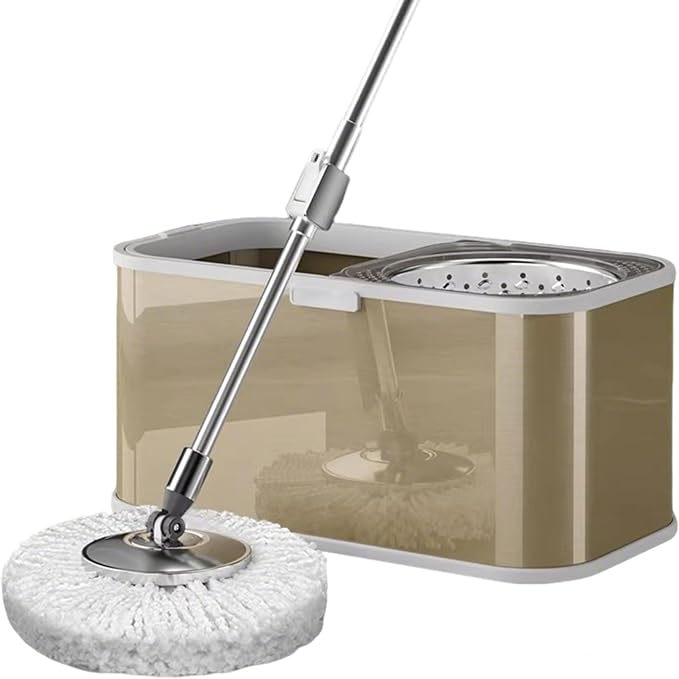 Stainless Steel Spin Mop Bucket Set with 5 Microfiber Mop Heads (Gold) | 360° rotating mop head, adjustable handle, rolling wheels, cleans tile, hardwood & laminate floors