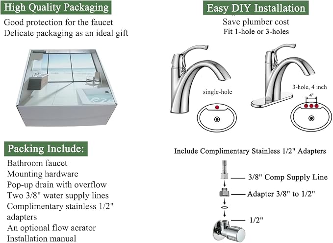 TimeArrow Chrome Bathroom Faucet, Single Handle Bathroom Sink Faucet for 1 Hole with 3 Holes Deck Plate, Lavatory Vanity Faucets, Pop Up Drain and Water Supply Lines Included, TAF206-CP