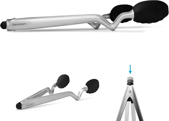 Dreamfarm Clongs Grippy Silicone & Stainless Steel Kitchen Cooking Tongs with Click-Lock Open & Close - 12" Black | Stainless steel, strong-grip non-stick safe tips, one-handed button lock open and close, sit-up handles for mess free benches