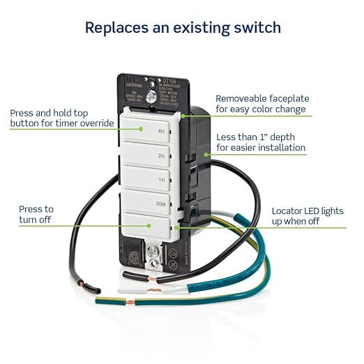 Leviton Countdown Timer Switch for household lights, heaters and exhaust fans, 30 min, 1-2-4 hour, No Neutral Wire Required, Single Pole, 15A, 1/2 HP/9.8A Fan/Motor, DT104-1LW, White