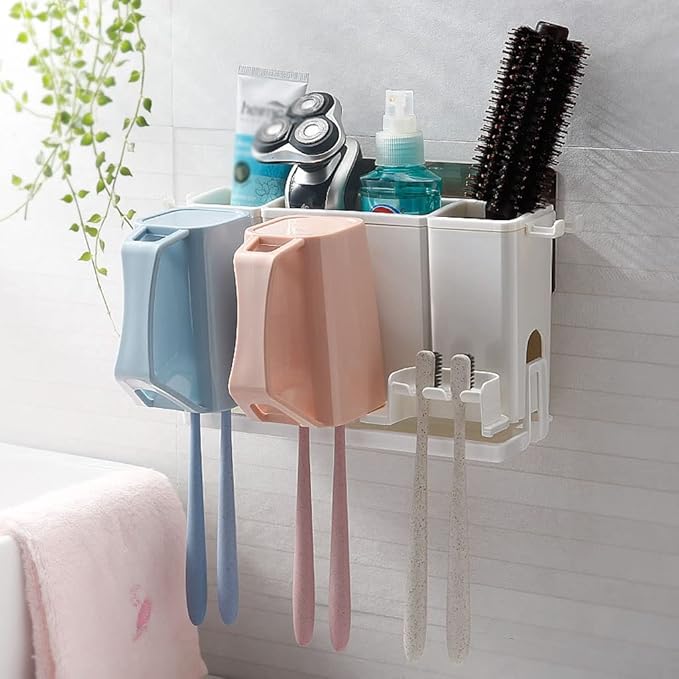 Toothbrush Rack Wall-Mounted Toothbrush Holder Bathroom Toothbrush Holder with Three Sinks with Cups for Toothpaste and Makeup Bathroom Toothbrush Holder
