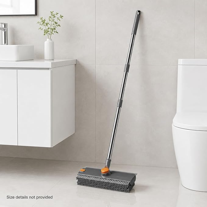 Floor Scrub Brush with Long Handle, V-Shaped Grout Brush and Squeegee for Tile, Bathroom, Shower, Gray (Floor Brush)