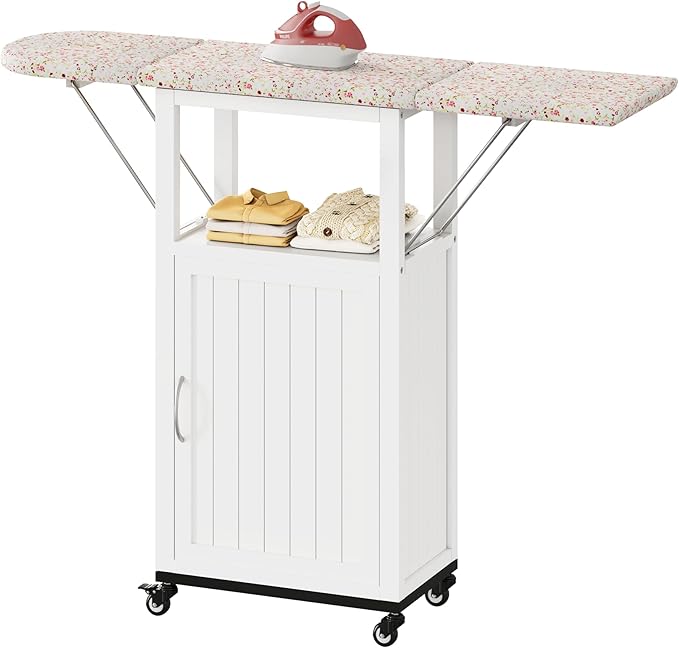 Rolling Ironing Board with Storage Cabinet, Folding Ironing Board, White | Small Ironing Board Cabinet with Wheels, Wooden Fold Down Ironing Station with Heat-Resistant Sponge for Small Space
