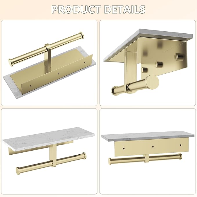 Marble Toilet Paper Holder with Shelf,Doulble Bathroom Tissue Roll Holder,304 Stainless Steel Toilet Paper Holder Wall Mounted,Modern Tissue Holder for Bathroom Washroom,Brushed Gold