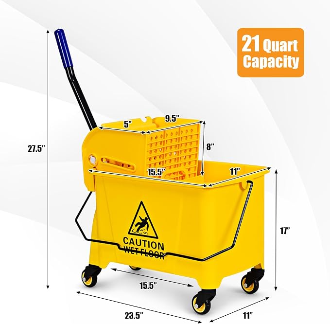 Goplus Commercial Mop Bucket with Wringer, Household Portable Mop Bucket, Ideal for Household and Public Places Floor, 21 Quart Capacity, Yellow (21 Quart)