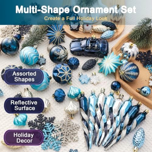 68PCS Christmas Tree Ornaments Set, Blue Navy Gold Christmas Balls and Assorted Decorations, Shatterproof Hanging Ornaments with Hooks for Xmas Tree, Holiday Party Home Decor