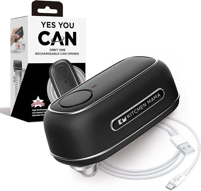 Kitchen Mama Orbit One Rechargeable Electric Can Opener, Black | Hands-free, USB-C Charging, Automatic Stop, Smooth Edge, Storage Box