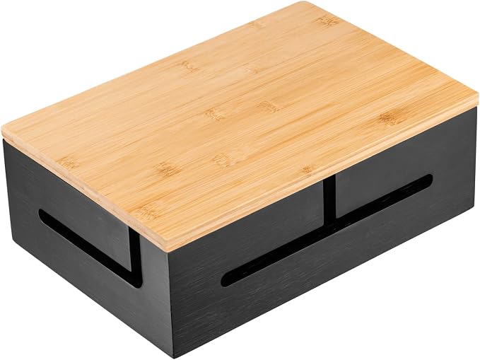 Bamboo Cable Management Box with Magnetic Lid - 12,6x7,8x4.3 in - Durable Cable Organizer to Hide Cords & Power Strip - Wall Mountable - Including Hardware - for Home, Office, Desk & More (Black)