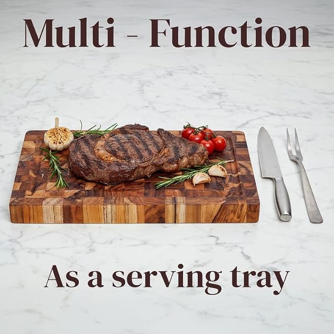 Premium End Grain Teak Cutting Board 12" x 8" x 1" with Handle & Juice Groove, Medium Thick Solid Non-toxic Wood Butcher Block for Meat, Fruit, Cheese & Kitchen Prep by New M Way