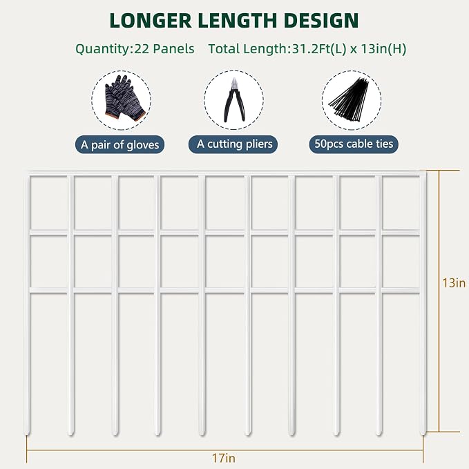 31ft(L) x 13in(H) Animal Barrier Fence, 22 Panels No Dig Garden Fence for Dog Rabbit, Rustproof Anti Digging Barrier, Garden Edging Border Ground Defense for Outdoor, Yard, Patio, White