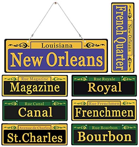 Mardi Gras Decorations 8 Set, Duplex Printed New Orleans Street Signs with 8x Metal Chains, PVC Made Mardi Gras Ornaments for Room Decor, Carnival Party Table Ornaments Tree Decoration, 4 x 12 Inch