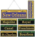 Mardi Gras Decorations 8 Set, Duplex Printed New Orleans Street Signs with 8x Metal Chains, PVC Made Mardi Gras Ornaments for Room Decor, Carnival Party Table Ornaments Tree Decoration, 4 x 12 Inch