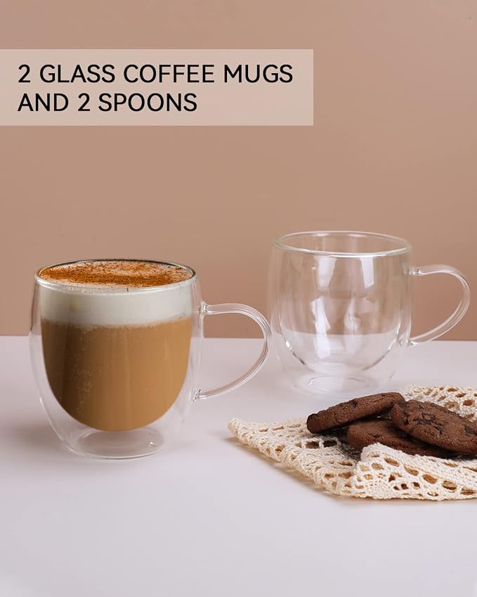 LIBWYS 2 Pack 250ml Double Walled Glass Coffee Mugs with 2 Spoons, Cappuccino Latte Tea Cups with Handle, Heat Resistant Drinking Glasses (2x250ml)