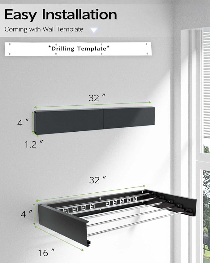 Vikaqi Wall Mounted Clothes Drying Rack 32", Foldable Wall Mount Laundry Rack Folding Indoor, Drying Rack Clothing Collapsible, Hidden Space Saver with Wall Template, 5 Rods, Black