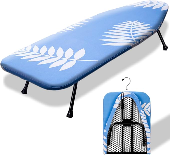 SheeChung Small Ironing Board 12"x32",Mini Ironing Board with Metal Mesh | Foldable,Tabletop,Hanging Hook,Cotton Cover,Heat Resistant Pad,Space Saving,Non-Slip Feet,Fits for Dorm Travel Sewing Room